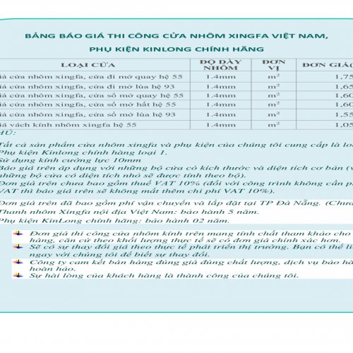 BÁO GIÁ THI CÔNG CỬA NHÔM XINGFA